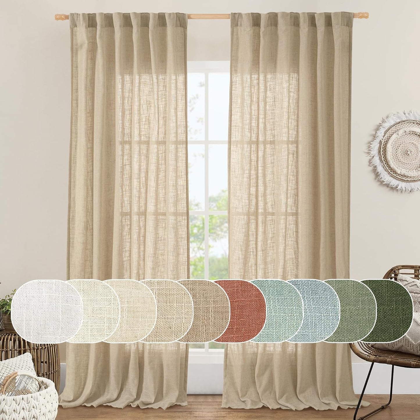 LAMIT Living Room Linen Curtains - Light Filtering Burlap Sheer