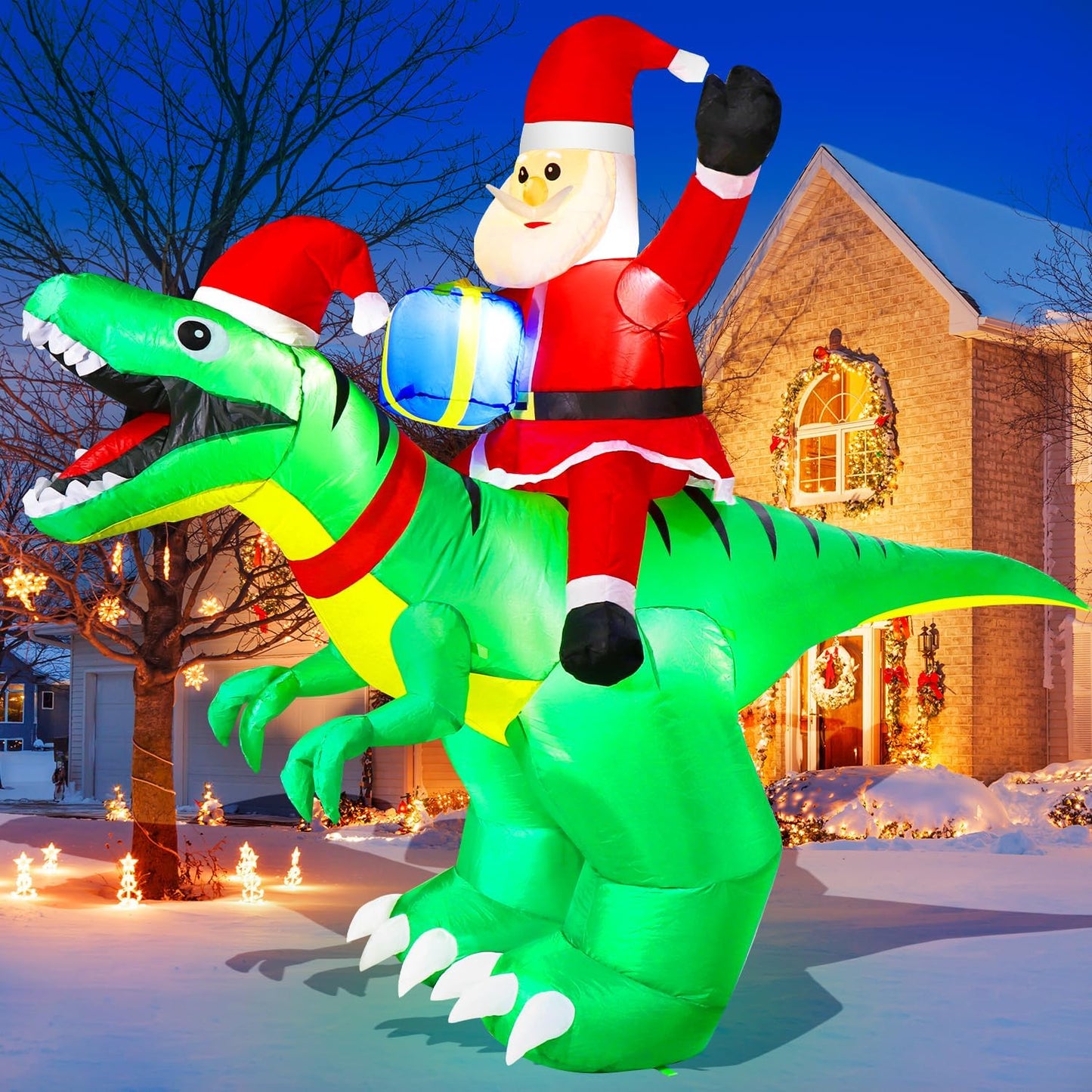9x7FT Christmas Inflatables Santa Riding Dinosaur for Yard Decor