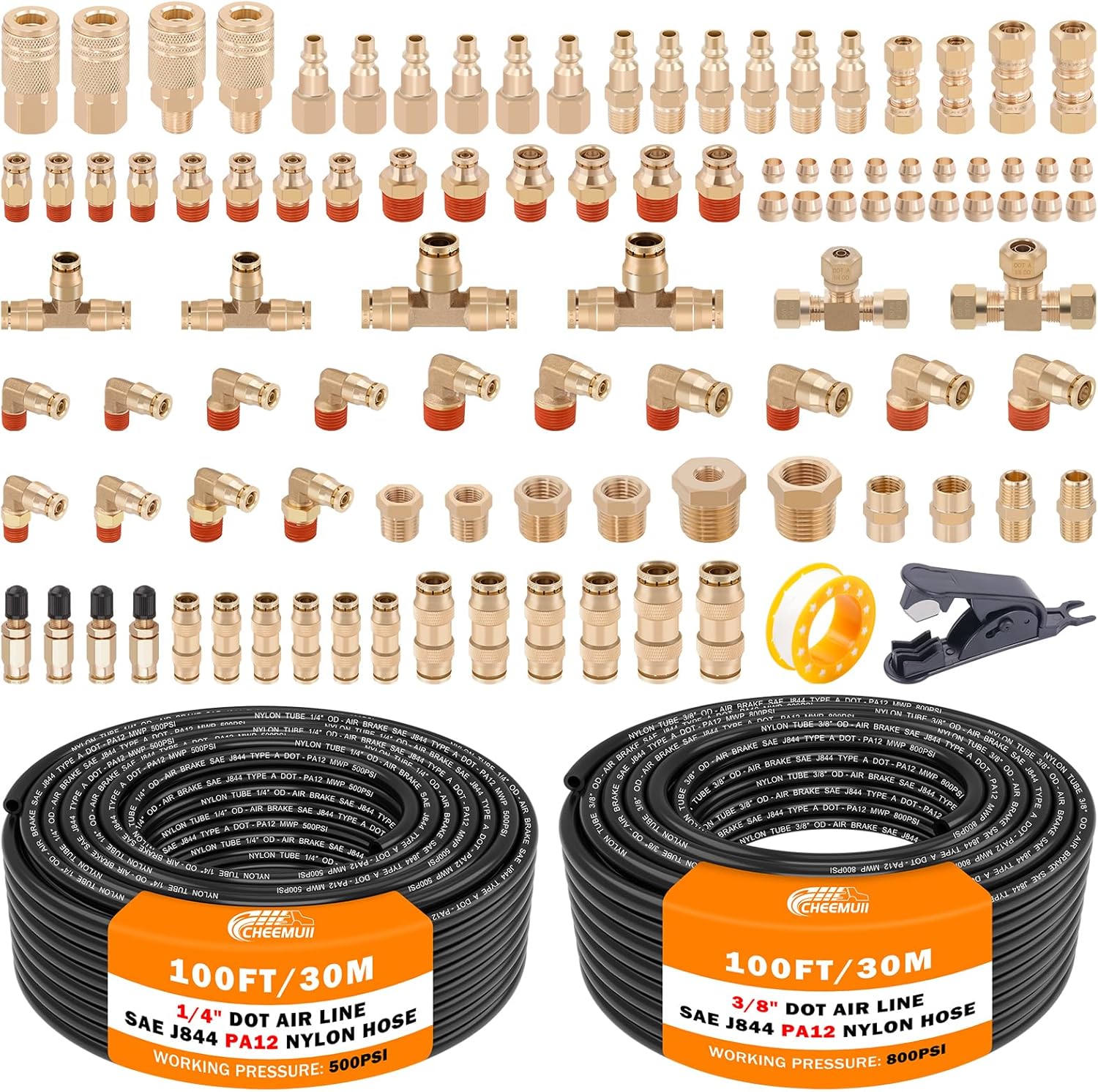 CheeMuii 100 PCS Brass DOT Air Line Fittings & Tubing Kit