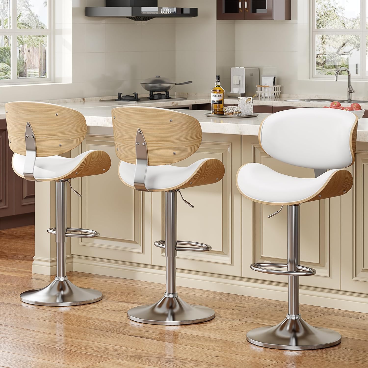 Mid Century Modern Bar Stools Set of 3 in Snow White Finish