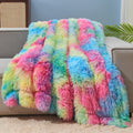 Fuzzy Faux Fur Throw Blanket Twin Size Dark Rainbow - Ultra Soft Cozy
