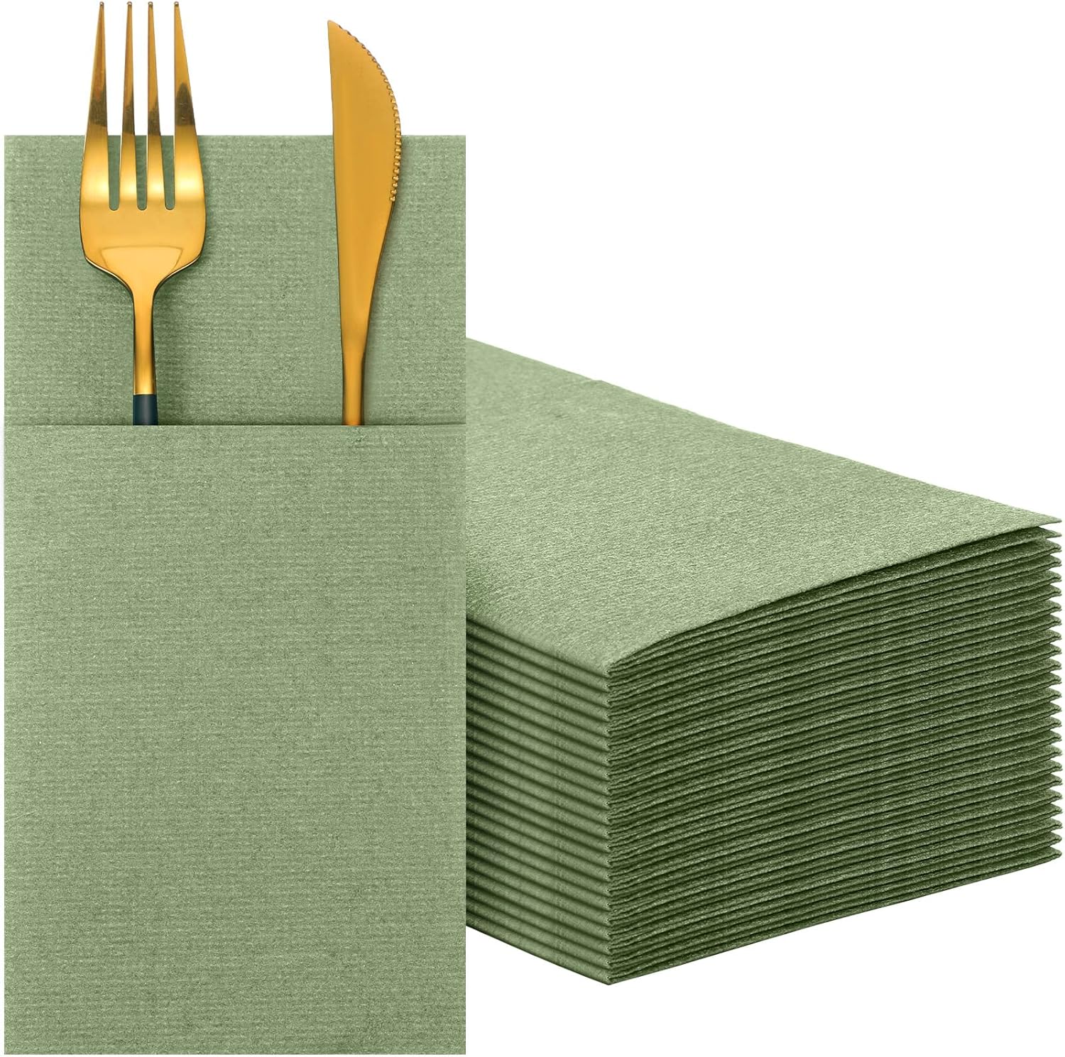 150 Pcs Sage Green Linen Dinner Napkins with Flatware Pocket