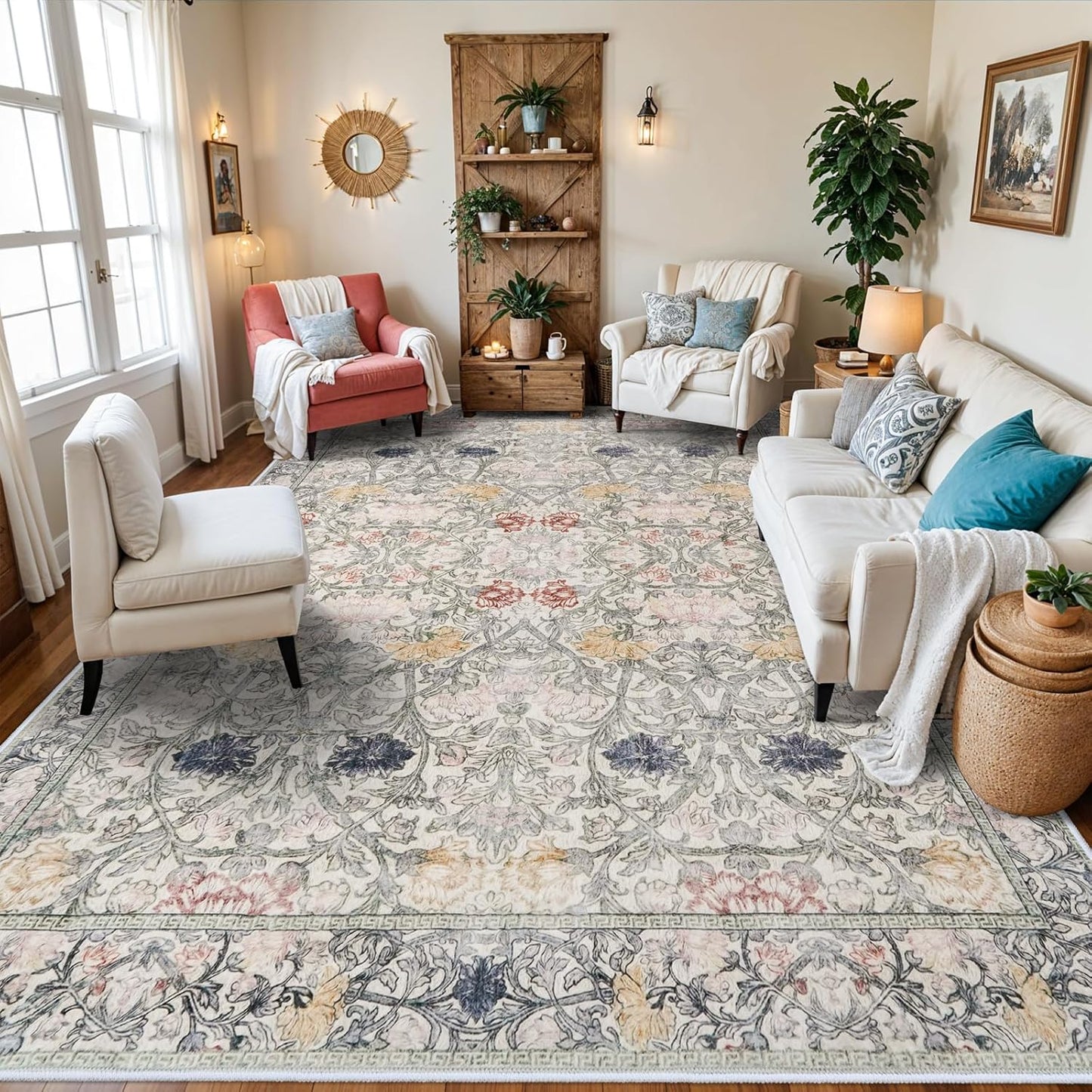 Vintage Floral Area Rug 9x12 - Washable Soft Indoor Carpet