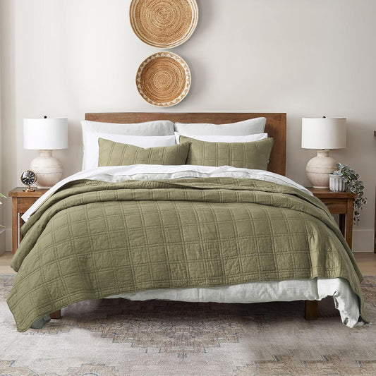 100% Cotton Quilt Queen Size Olive Green Bedspread Set