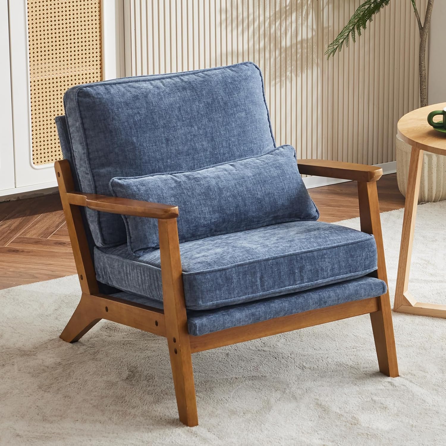 Chenille Lounge Chair with Lumbar Pillow & Wood Frame