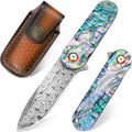 Damascus Pocket Knife with Abalone Shell Handle - Compact EDC