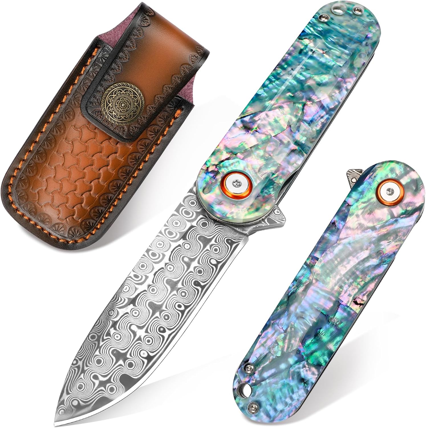 Damascus Pocket Knife with Abalone Shell Handle for EDC Use