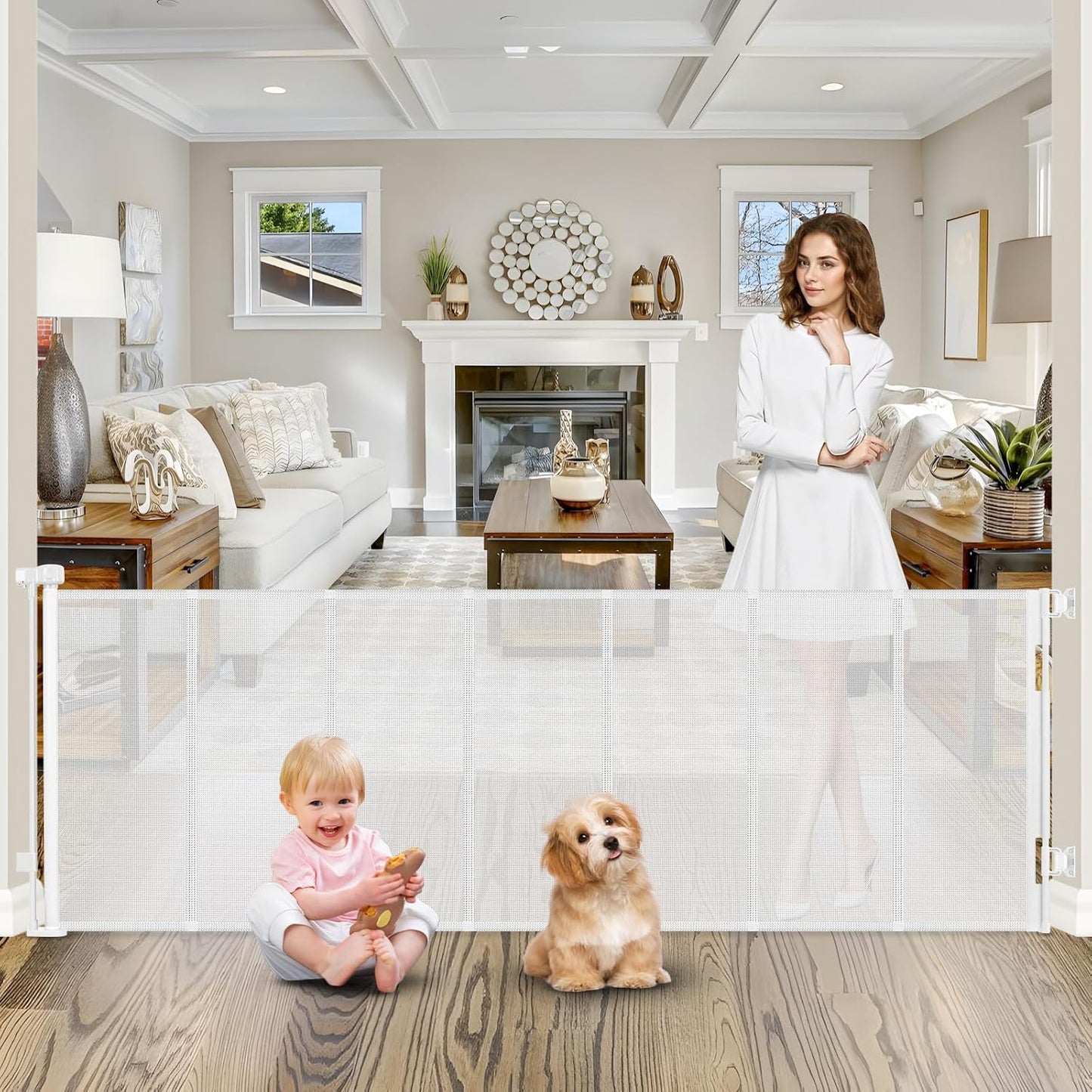 Reinforced 120 Inch Extra Wide Retractable Baby Gates for Safety