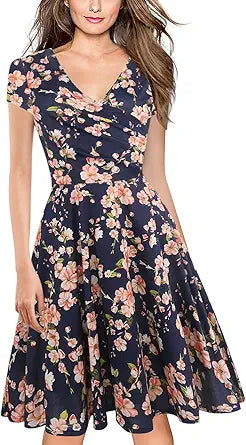 Oxiuly Women's Casual Dresses Criss-Cross V-Neck Floral Flare
