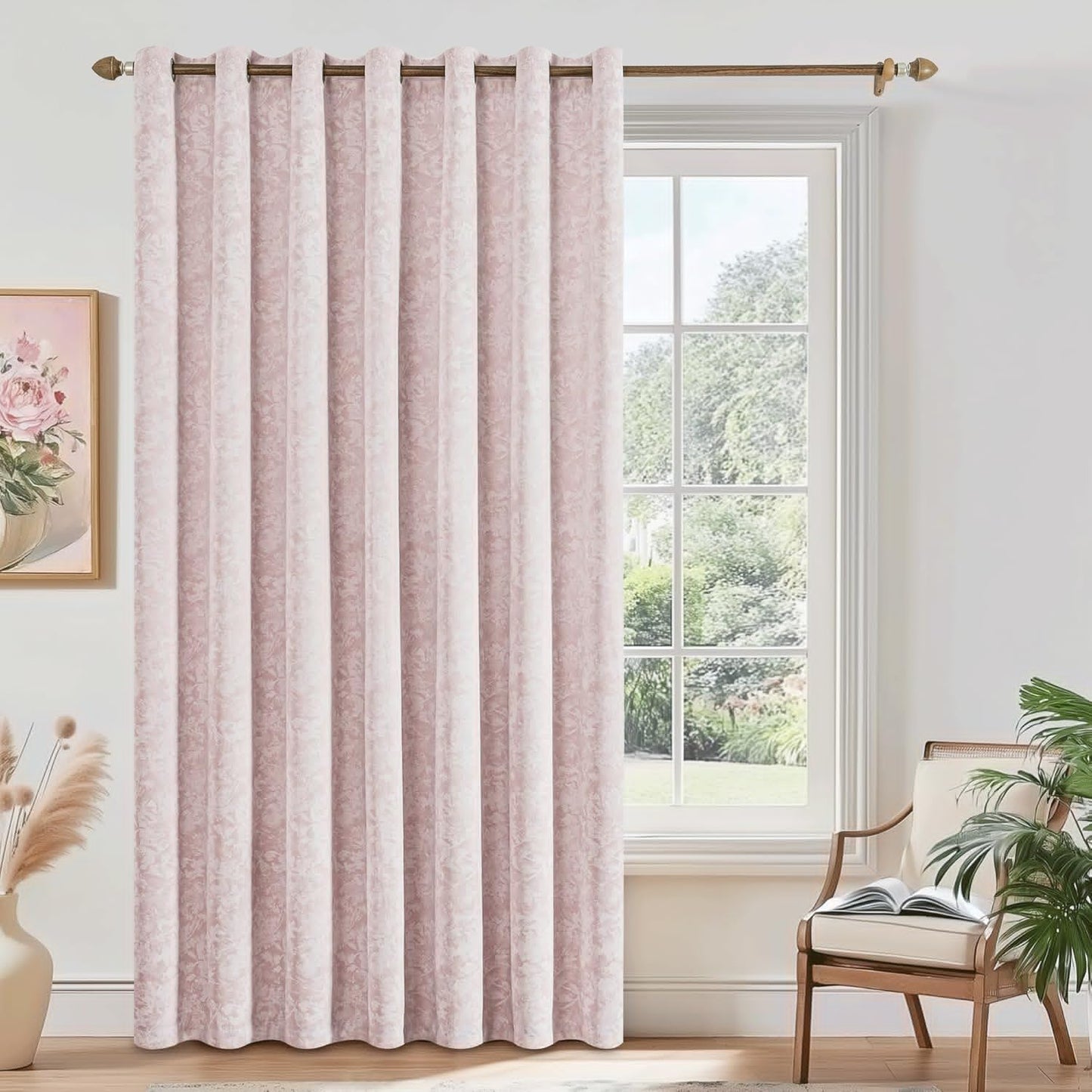 Pink Floral Jacquard Blackout Curtains for Patio Sliding Door