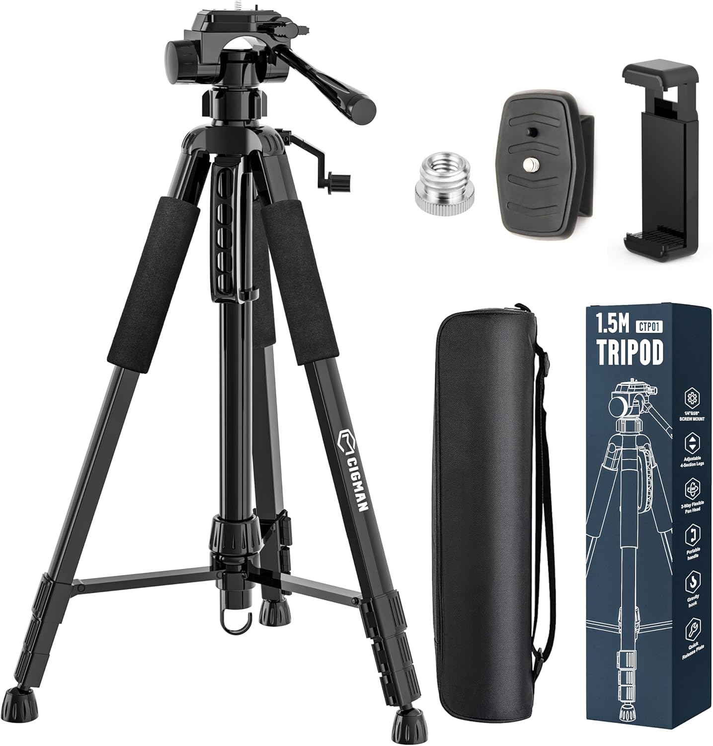 CIGMAN 59-inch Adjustable Laser Level Tripod with Phone Holder