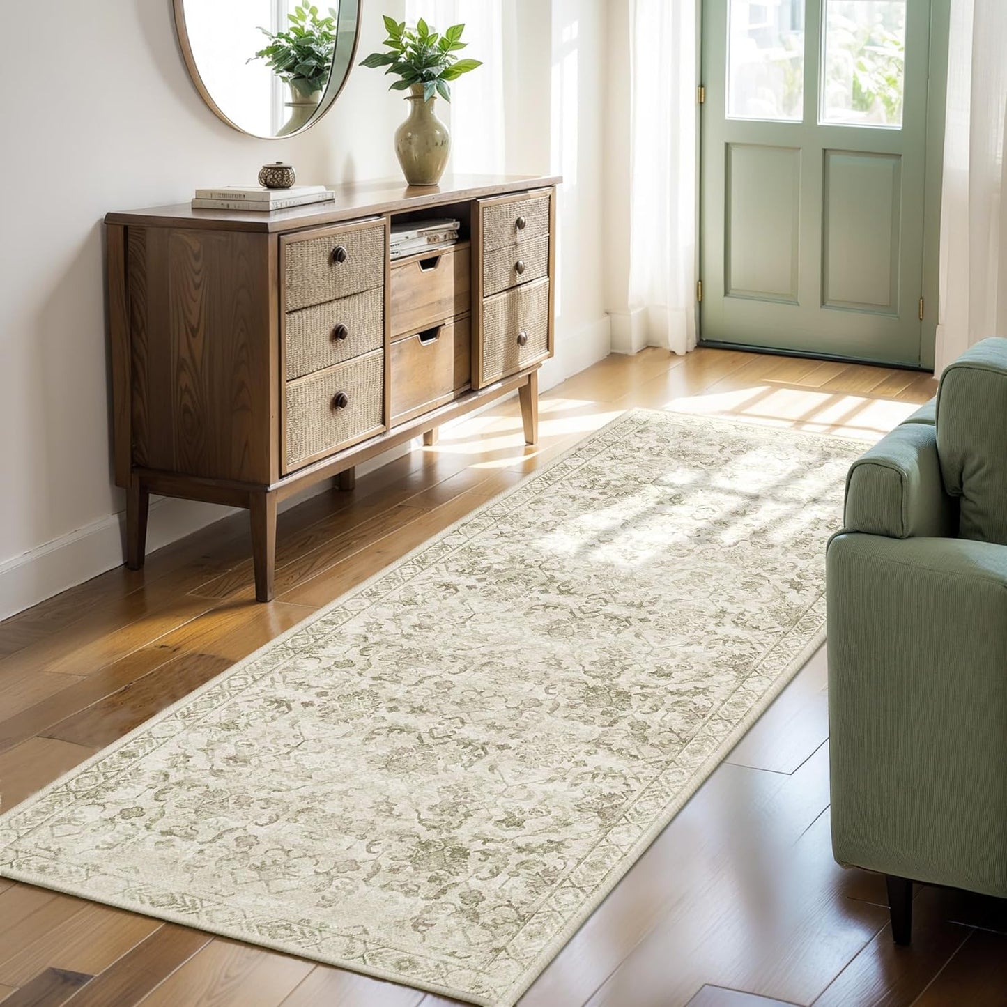 Deerly Sage Green 2x6 Runner Rug for Hallways and Kitchens