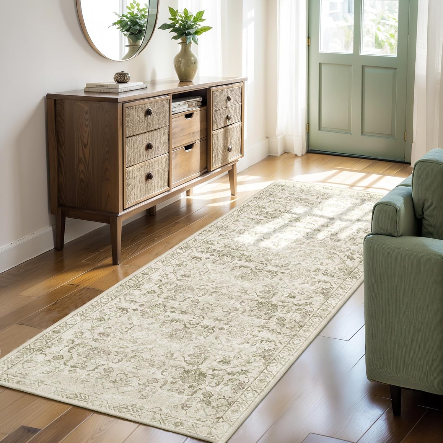 Deerly Sage Green 2x6 Runner Rug for Hallways and Kitchens