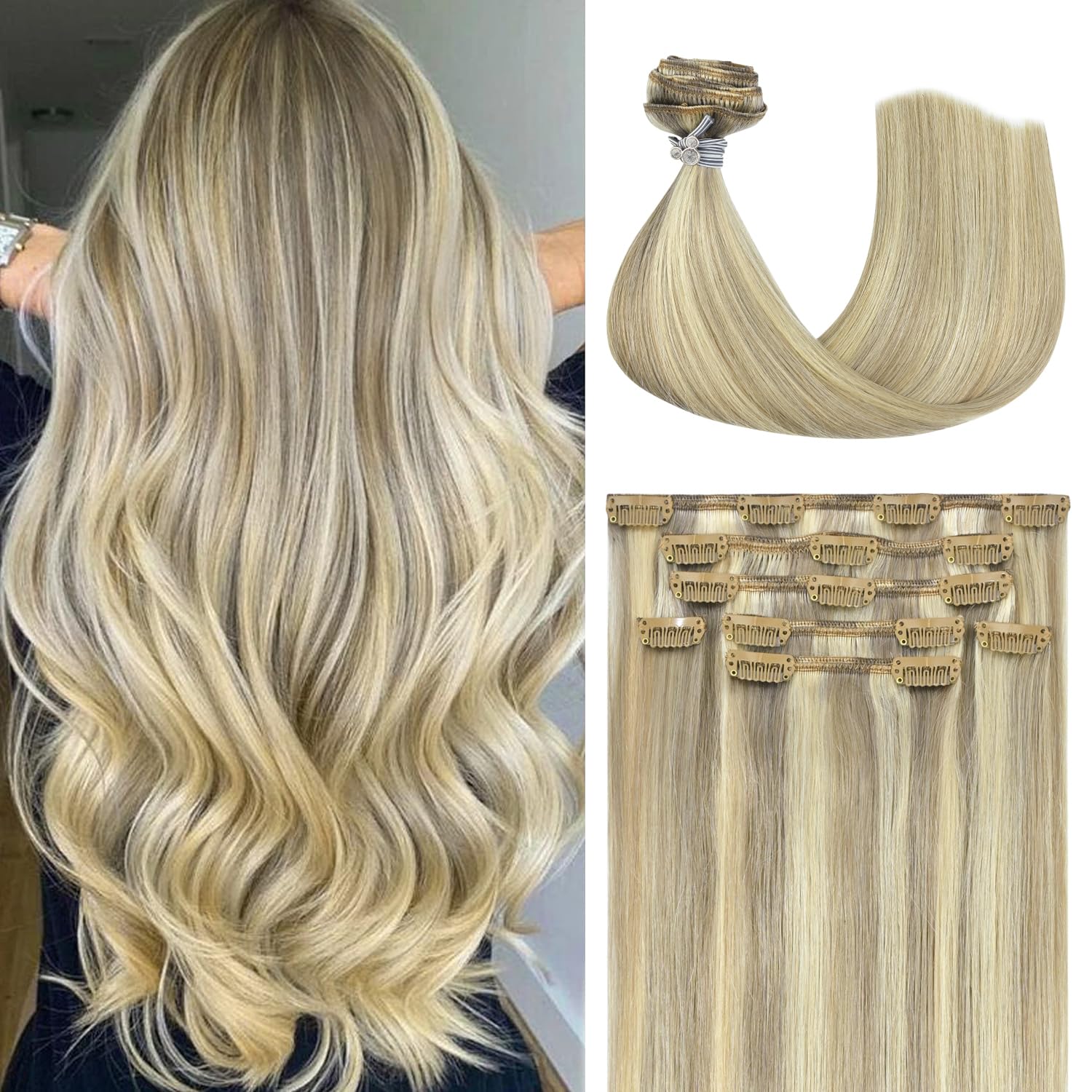Honsoo Blonde Hair Extensions Clip In Balayage 15in Real Hair
