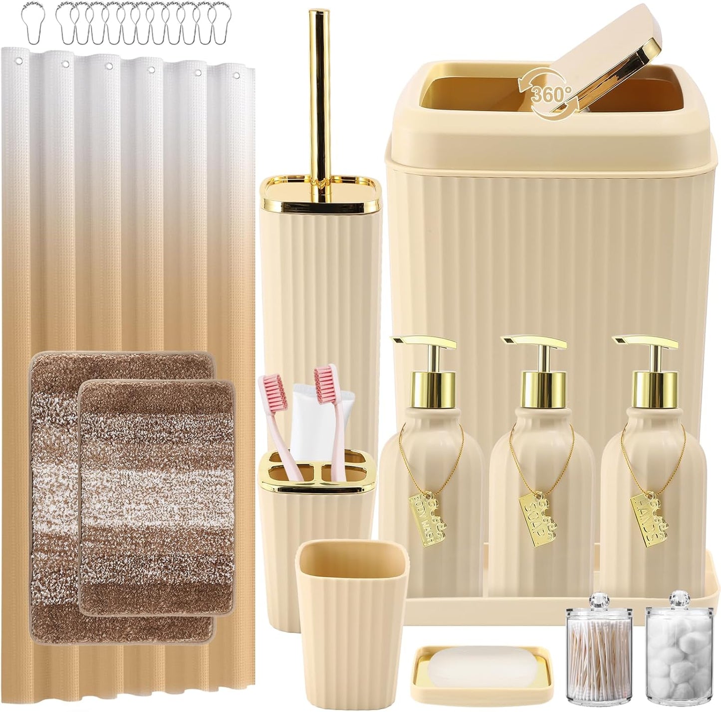 32PCS Bathroom Set with Shower Curtain and Rugs in Beige