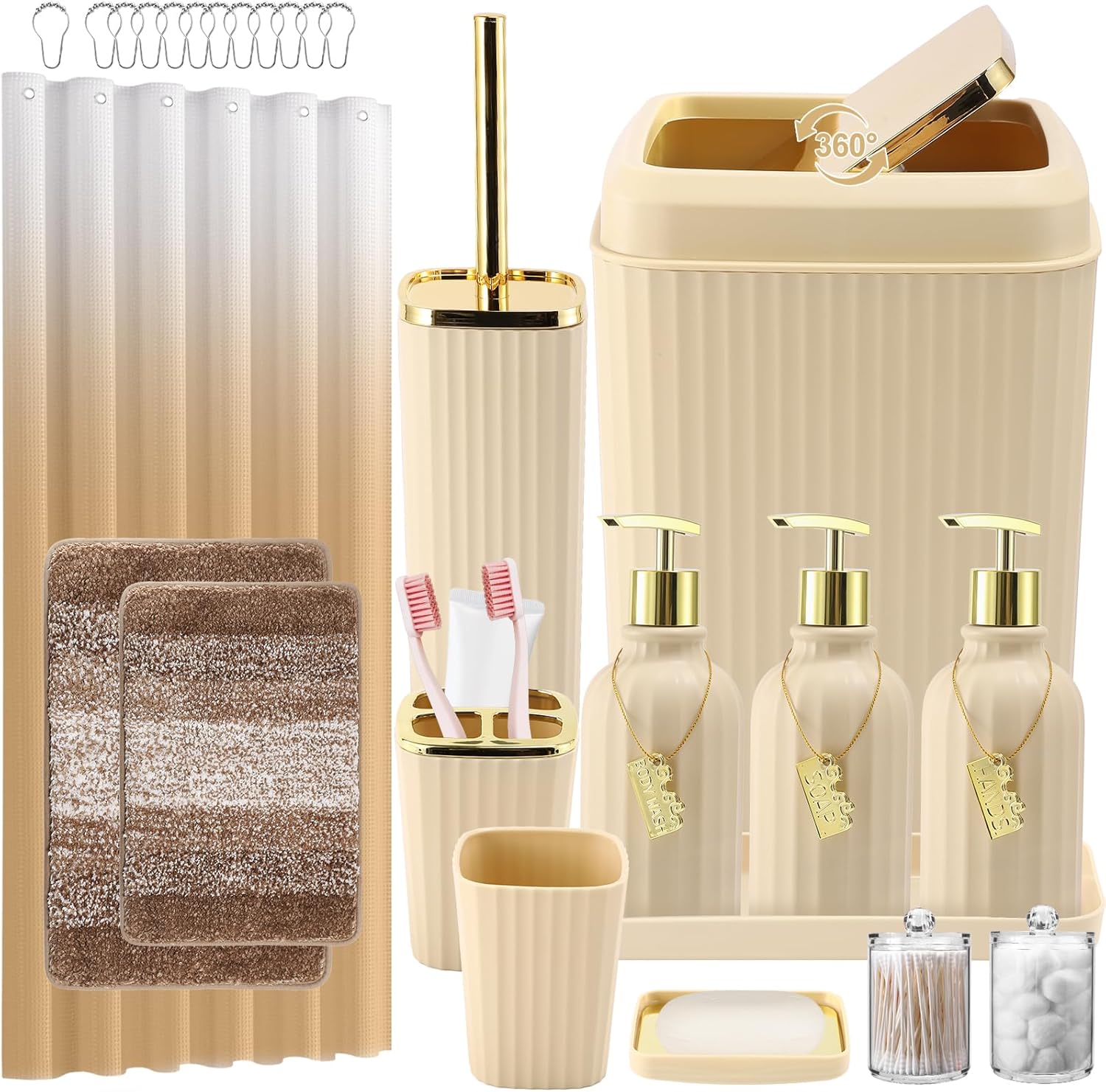32PCS Bathroom Set with Shower Curtain and Rugs in Beige