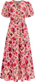 Womens Summer Floral Maxi Dress V Neck Puff Sleeve - Flowy Vacation
