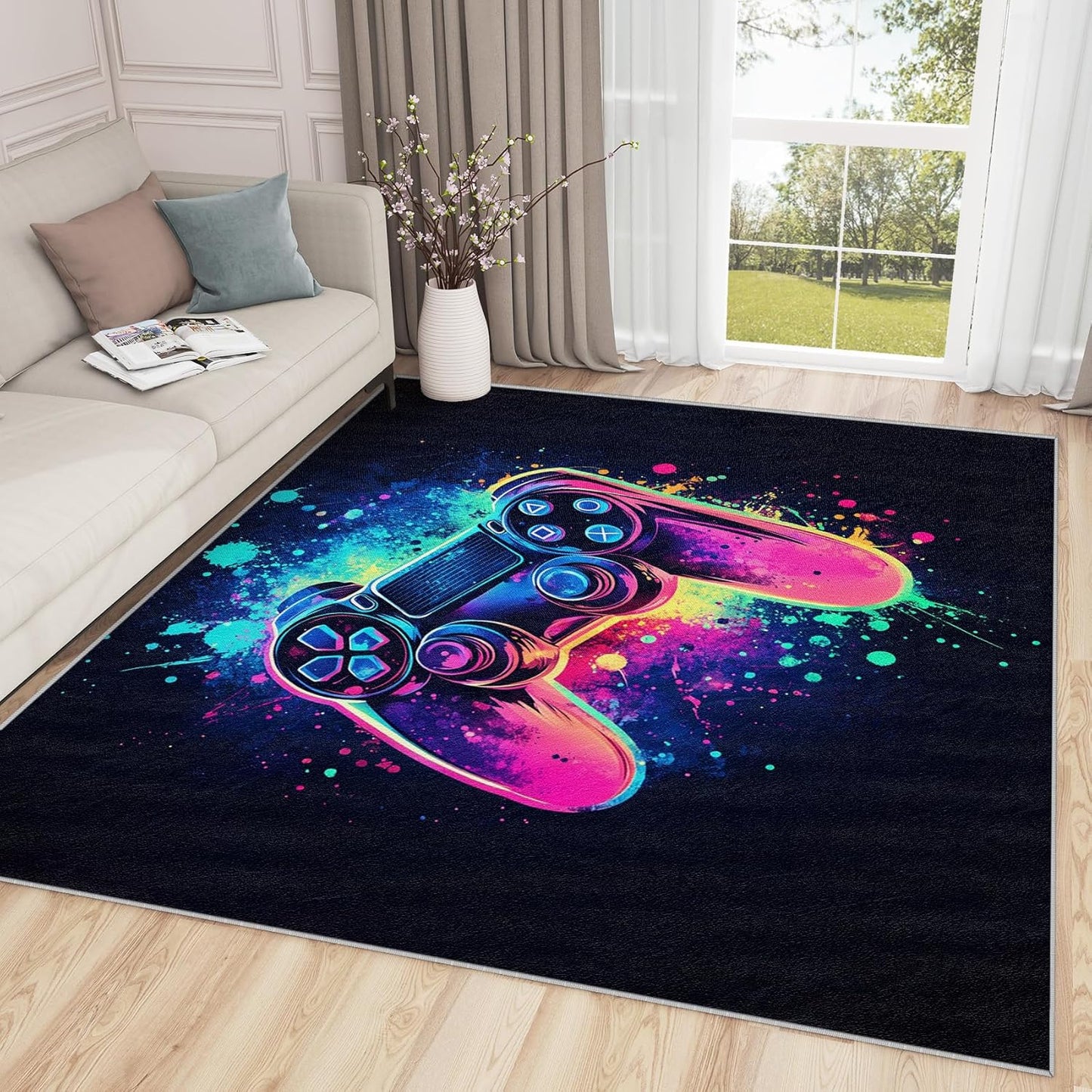 Non-Slip Gaming Area Rug - Neon Gamepad Design