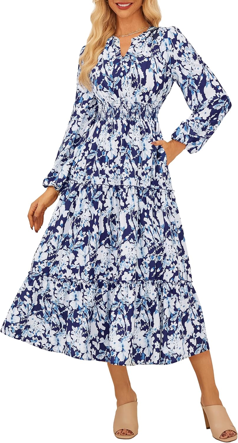 Floral Maxi Dress for Women - Long Sleeve Boho Style with Pockets