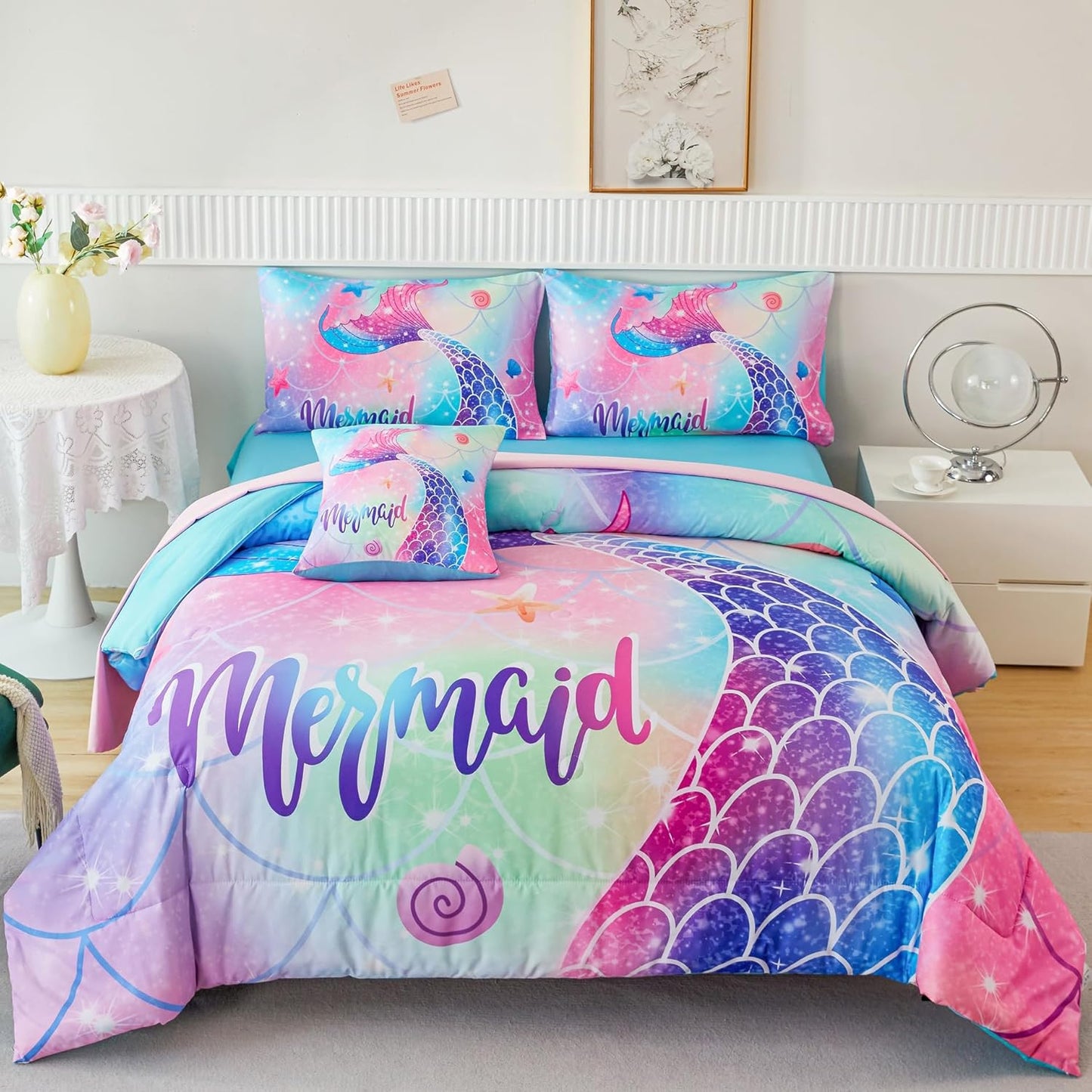 Mermaid Twin Girls Bedding Set with Colorful Rainbow Design