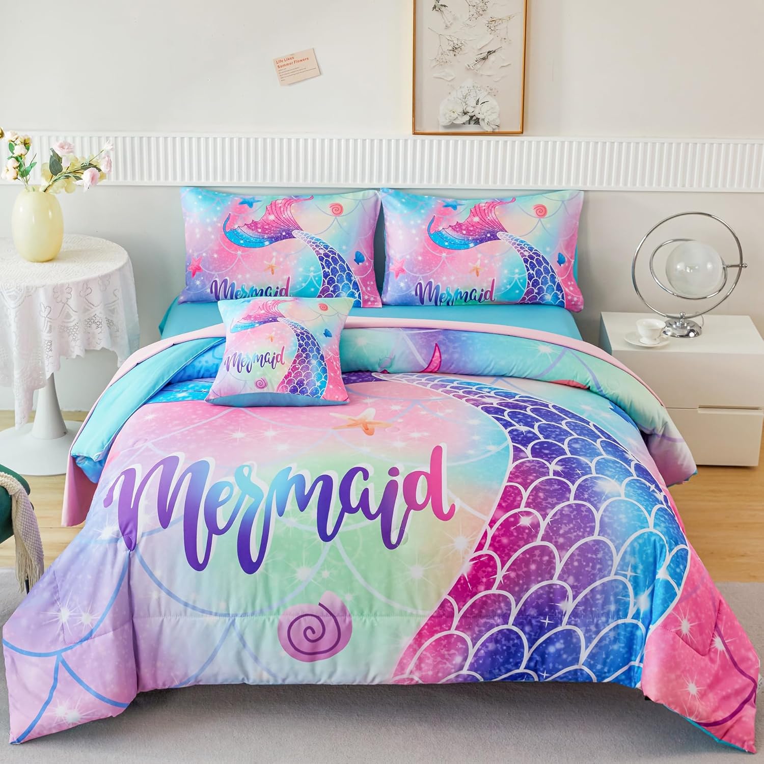 Mermaid Twin Girls Bedding Set with Colorful Rainbow Design