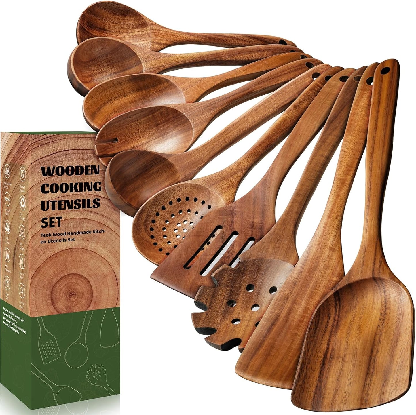 10 Pcs Wooden Spoons for Cooking - Durable Teak Utensils Set