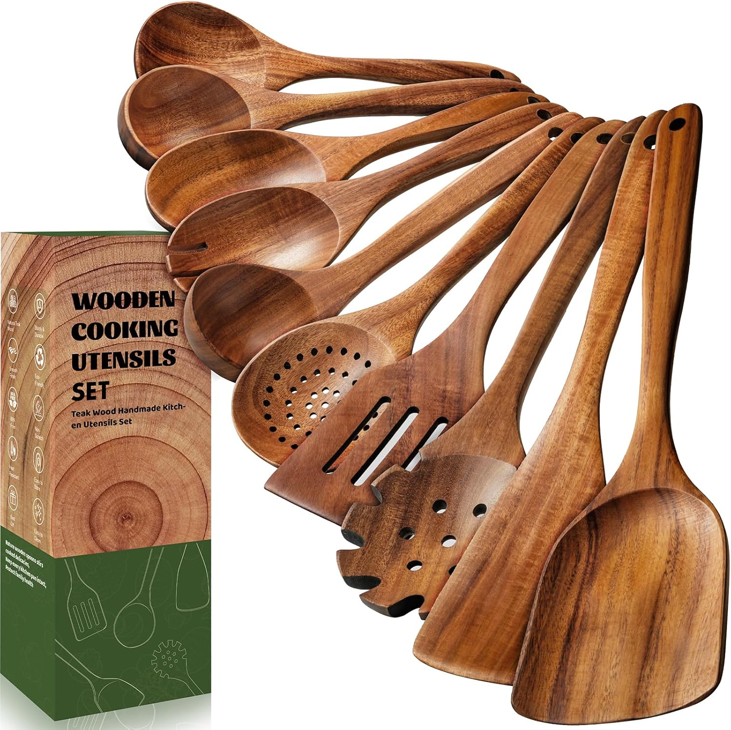 10 Pcs Wooden Spoons for Cooking - Durable Teak Utensils Set