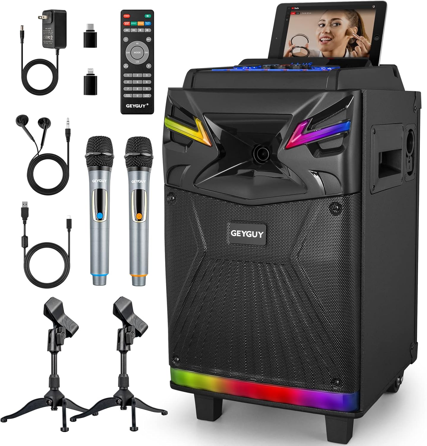 GEYGUY Karaoke Machine: Live Stream, Dual Wireless Mics! 