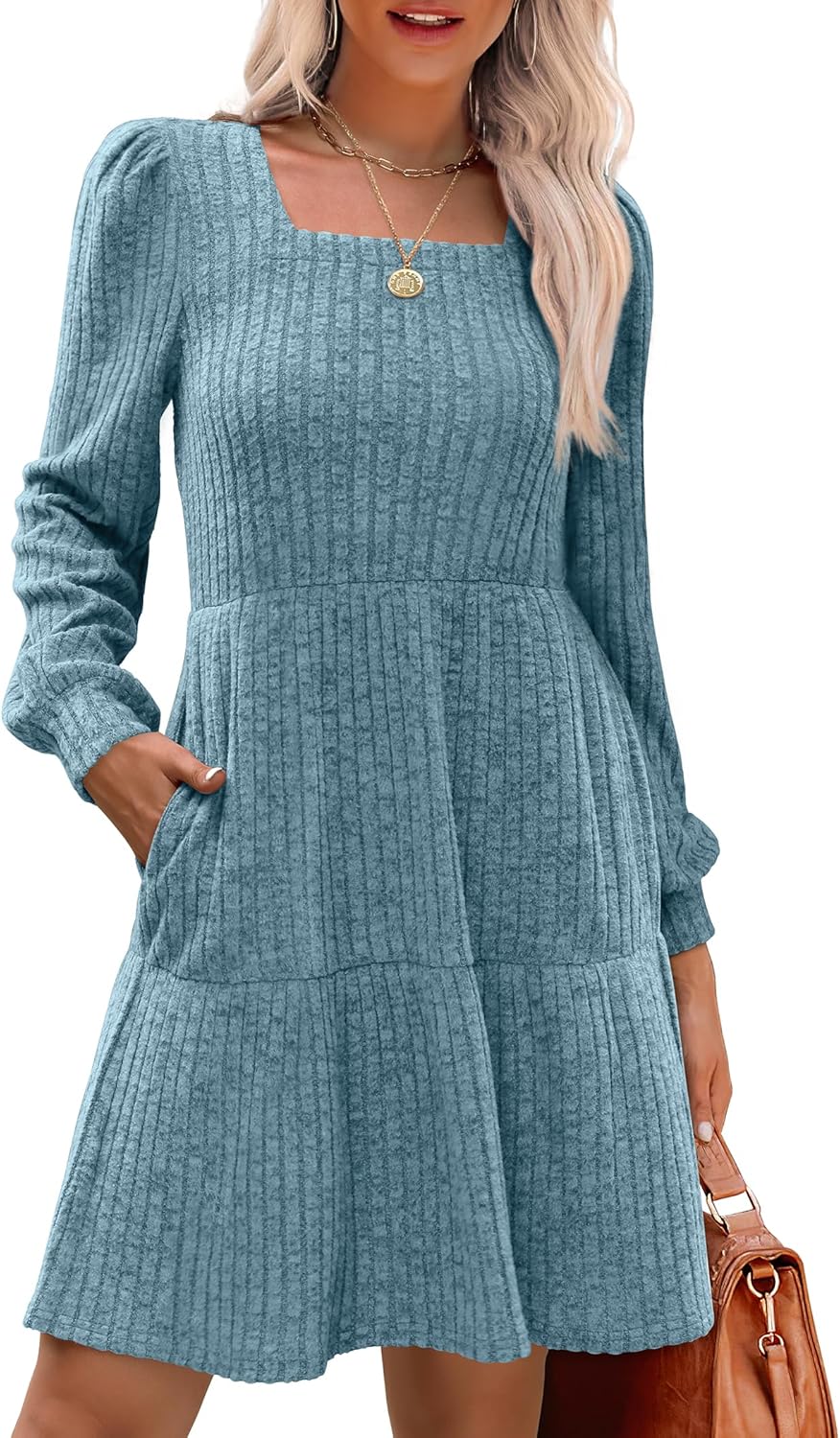 Stylish Womens Square Neck Long Sleeve Fall Dresses for Comfort