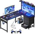 L Shaped Gaming Desk with Shelf & 4 Drawers - Reversible LED Corner
