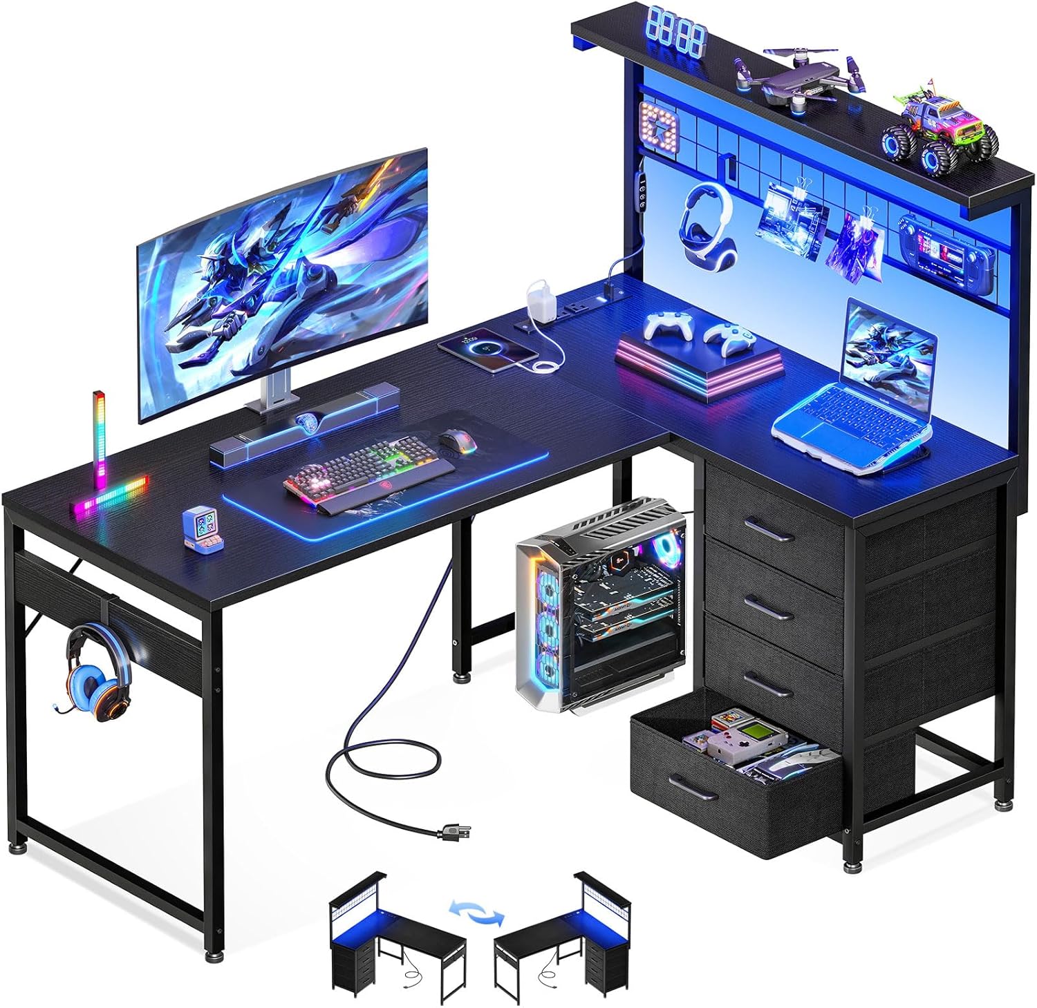 MOTPK L Shaped Gaming Desk with LED Light & Storage Options