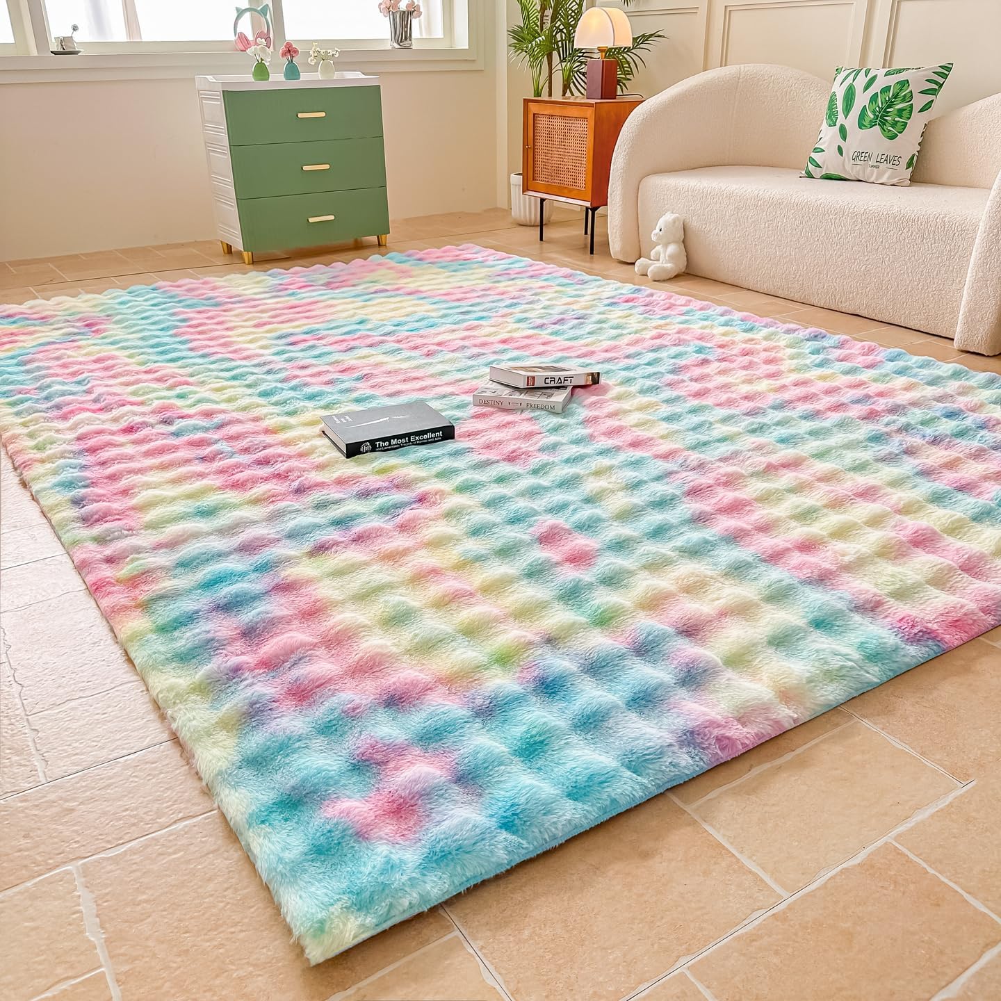 Rainbow Rabbit Plush Area Rug for Bedroom and Living Room