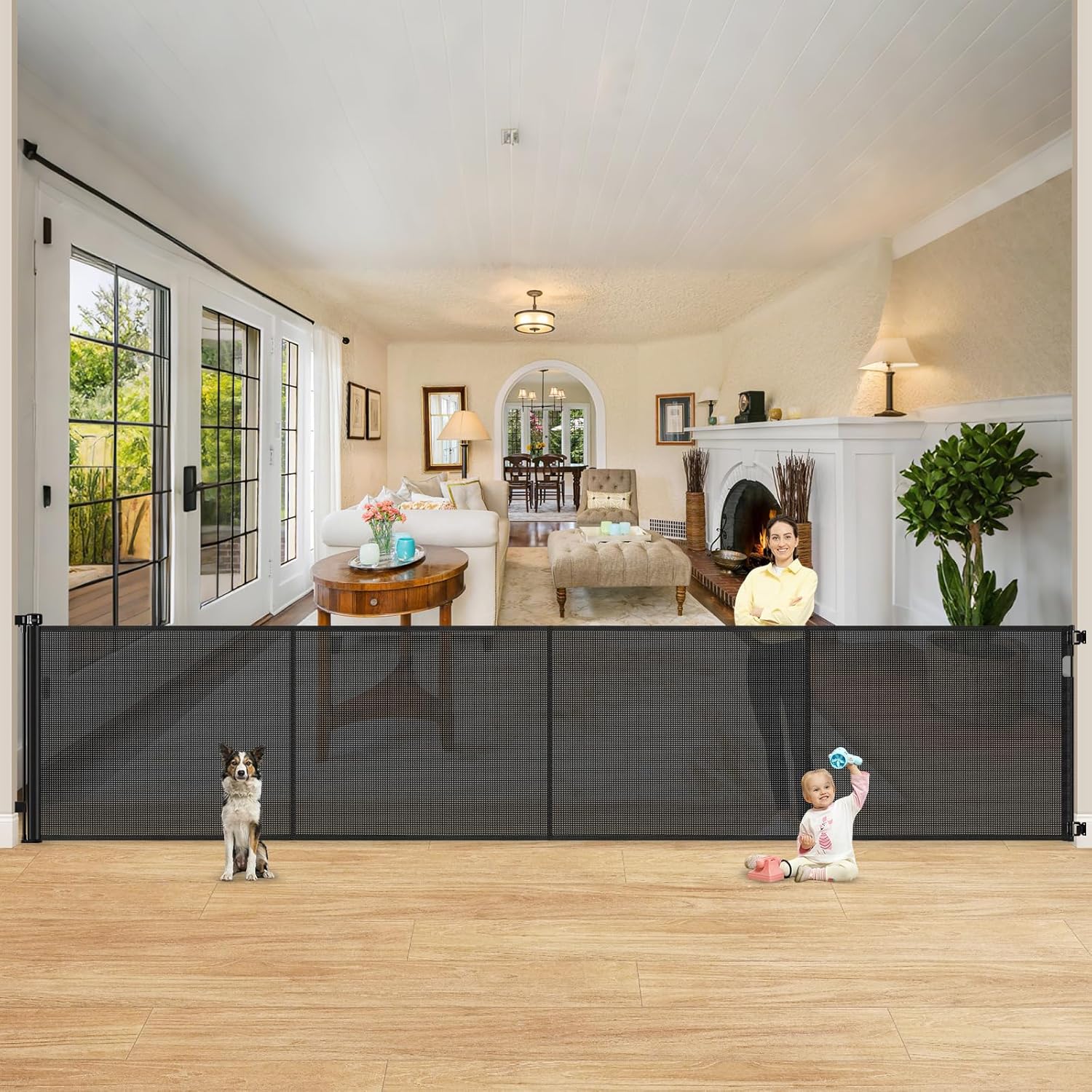Reinforced 42 Inch Extra Tall Retractable Dog Gate for Safety
