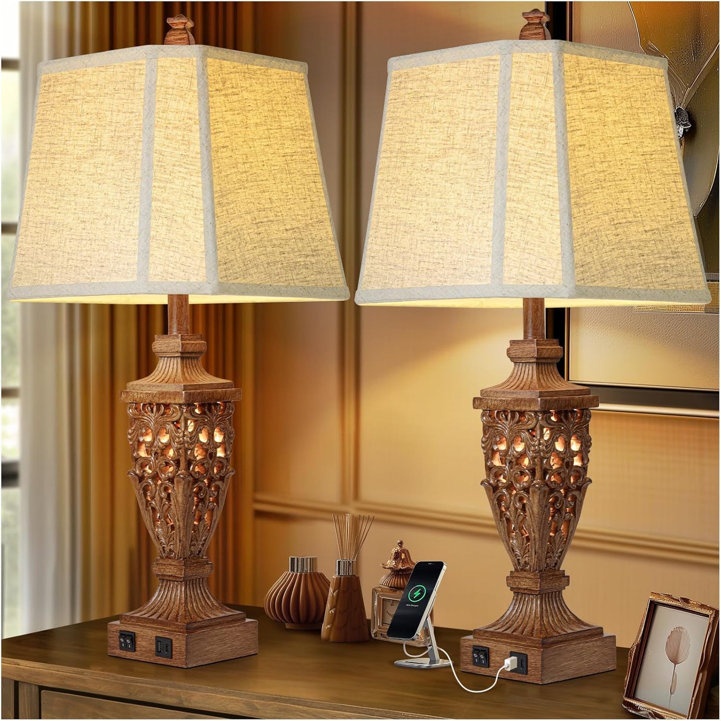 28.5 Vintage Brown Table Lamps Set of 2 with USB Charging Ports