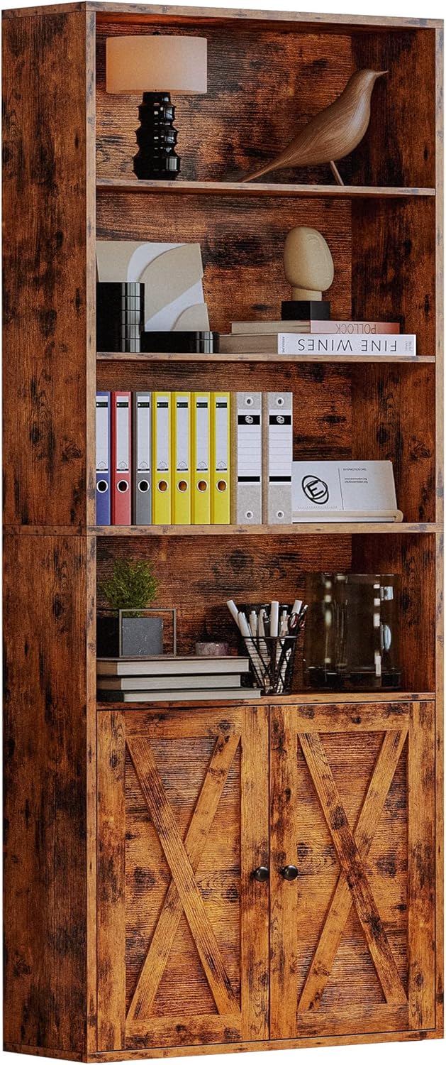 Industrial 6-Tier Bookshelf with Doors for Home Office and Living Room