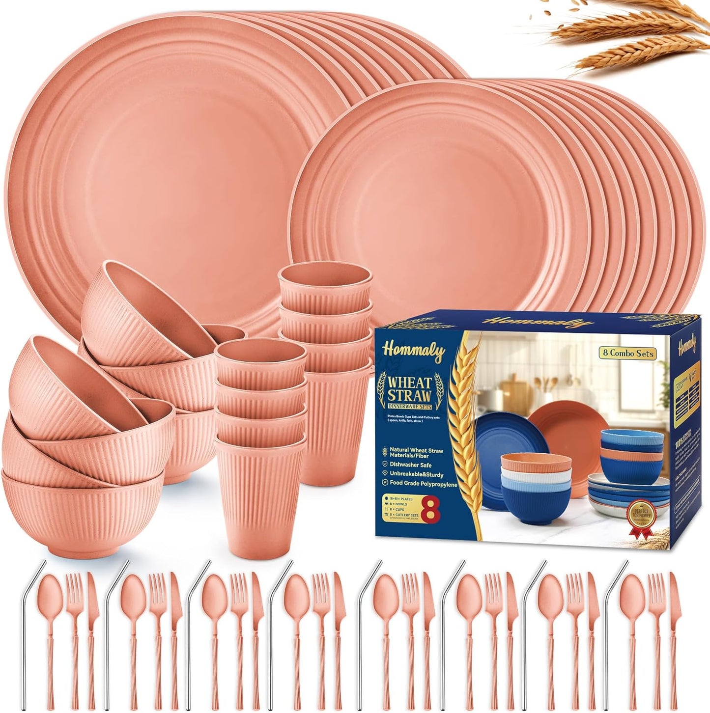 Wheat Straw Dinnerware Sets - Unbreakable 64-Piece Set for 8