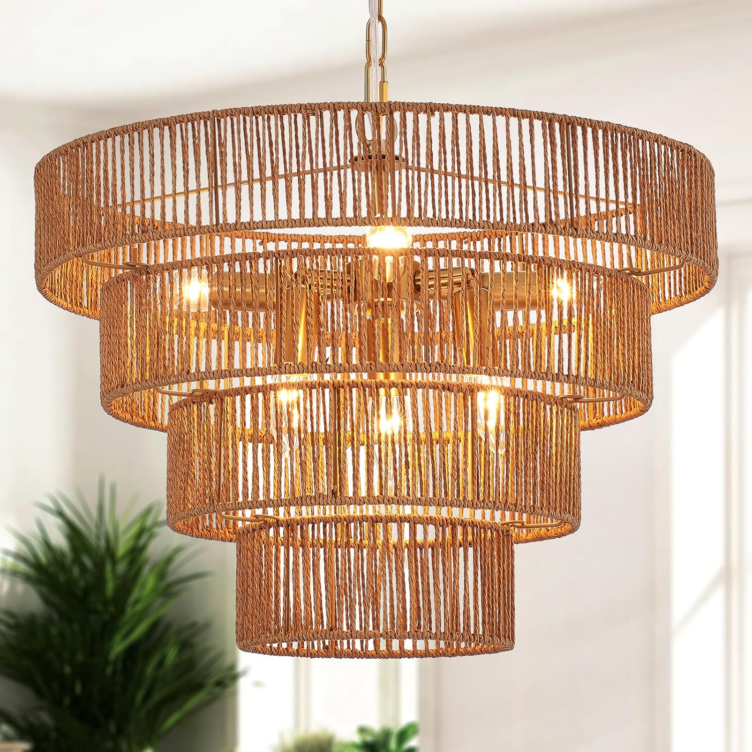 Boho Rattan Chandelier 6-Lights Hand-Woven Bamboo Fixture