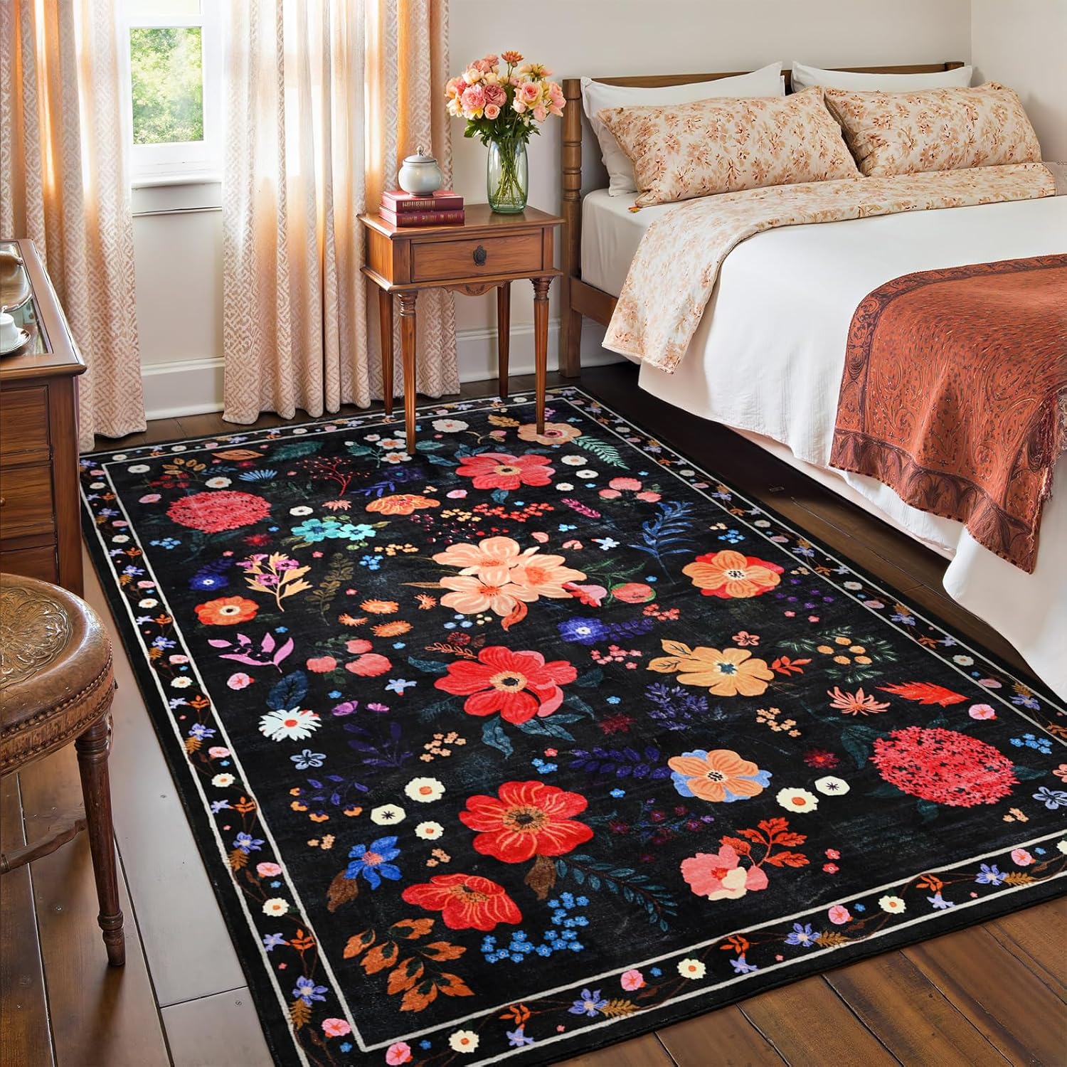 Black Floral Rug for Girls Bedroom - 4x6 Machine Washable Area Rug