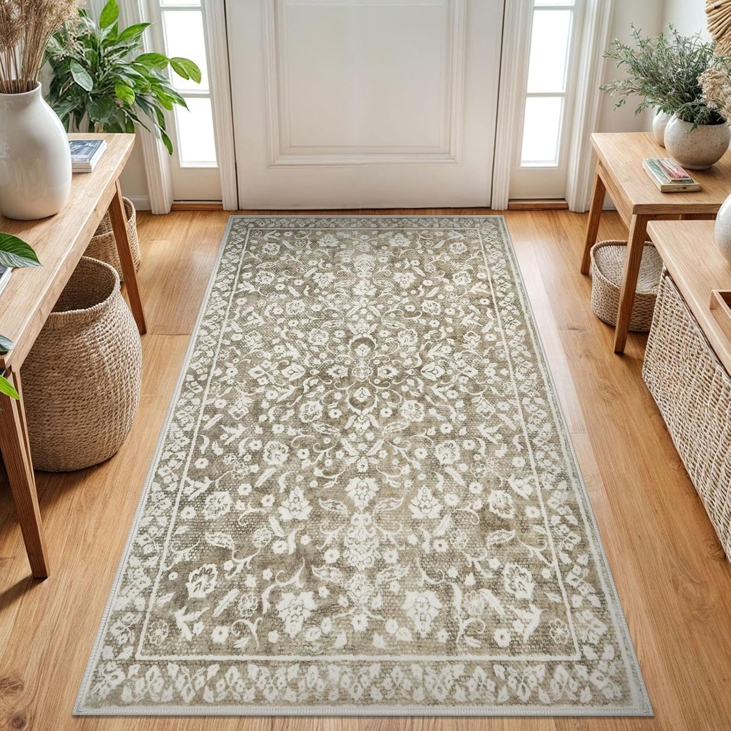 Vintage 3x5 Washable Rug for Entryway, Soft Beige Floral Design