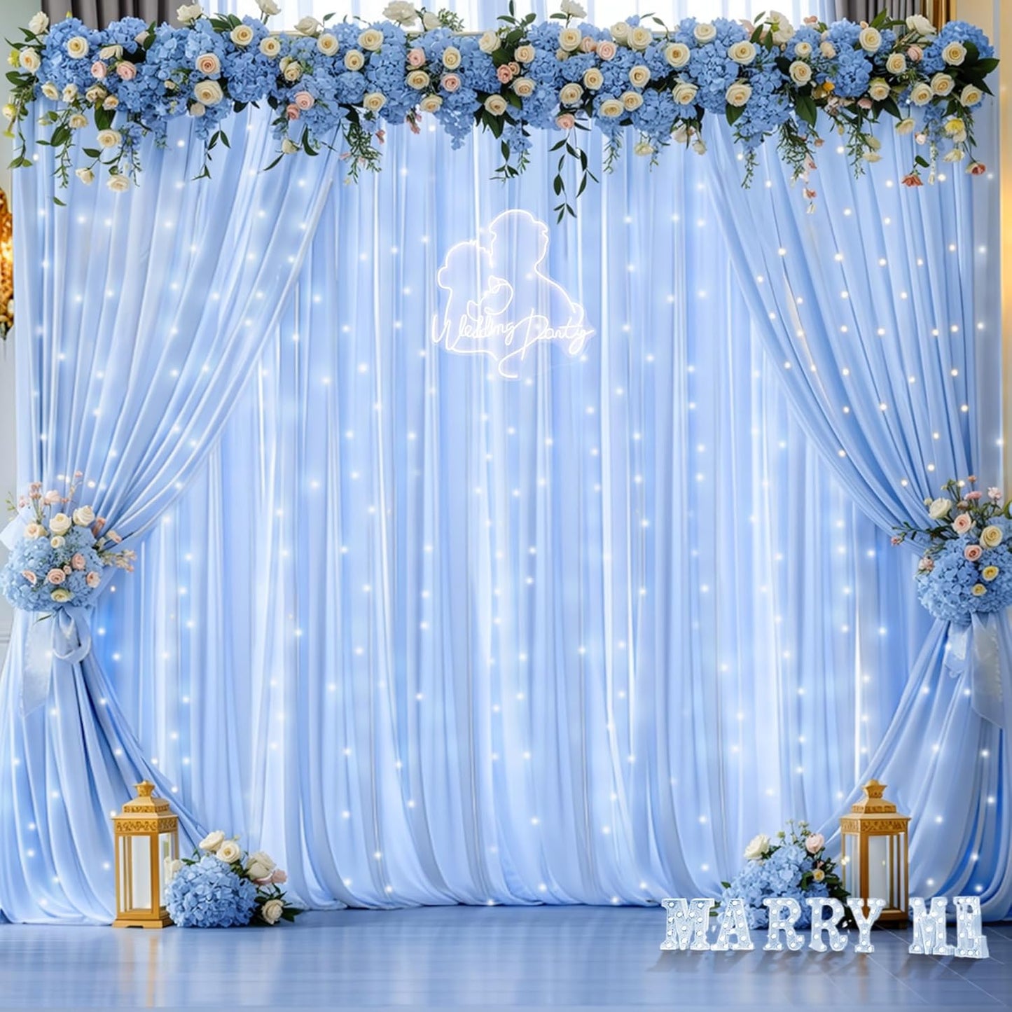 Baby Blue Chiffon Backdrop with Lights - Party Perfect! by PARTISKY