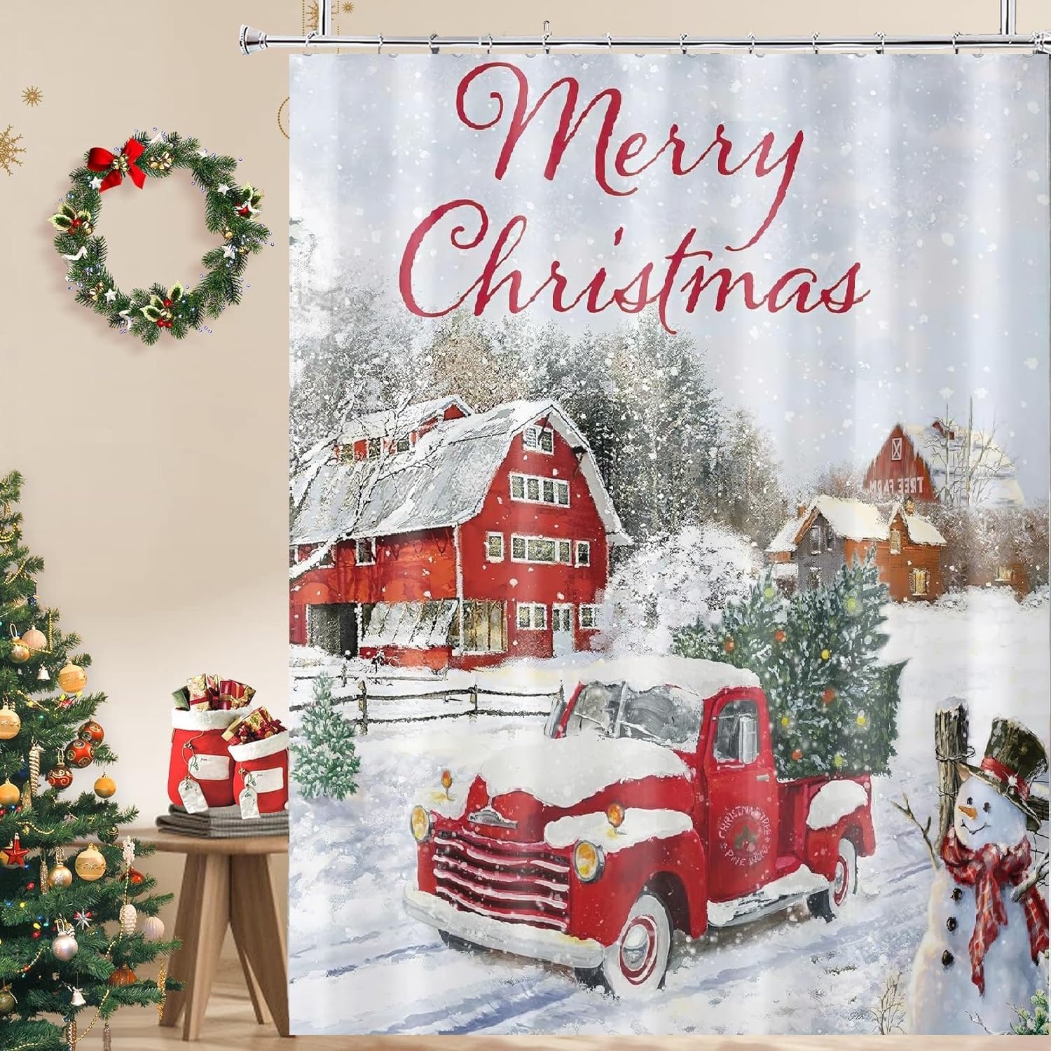 Vintage Red Truck Christmas Shower Curtain