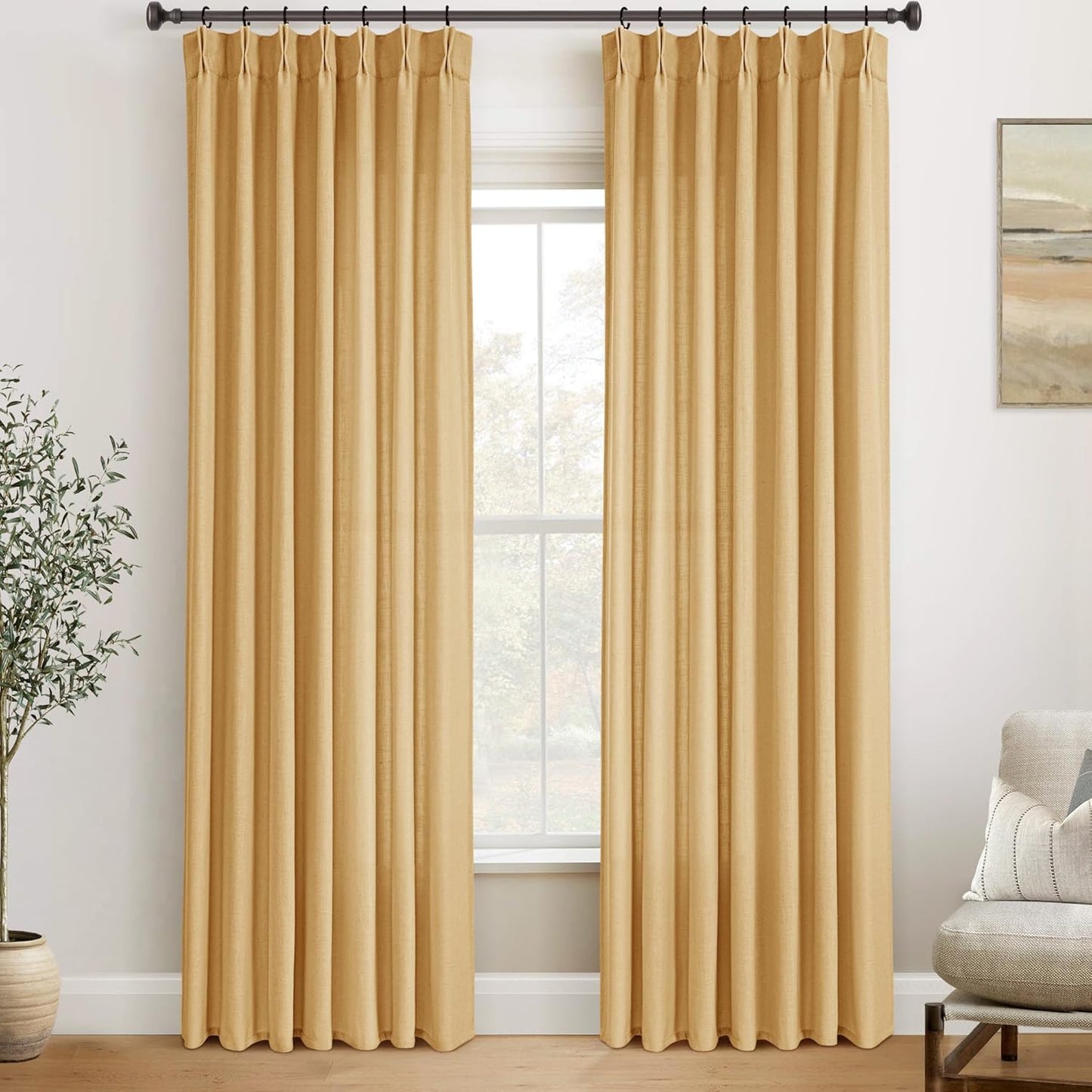 Pinch Pleated Mustard Yellow Linen Curtains for Living Room