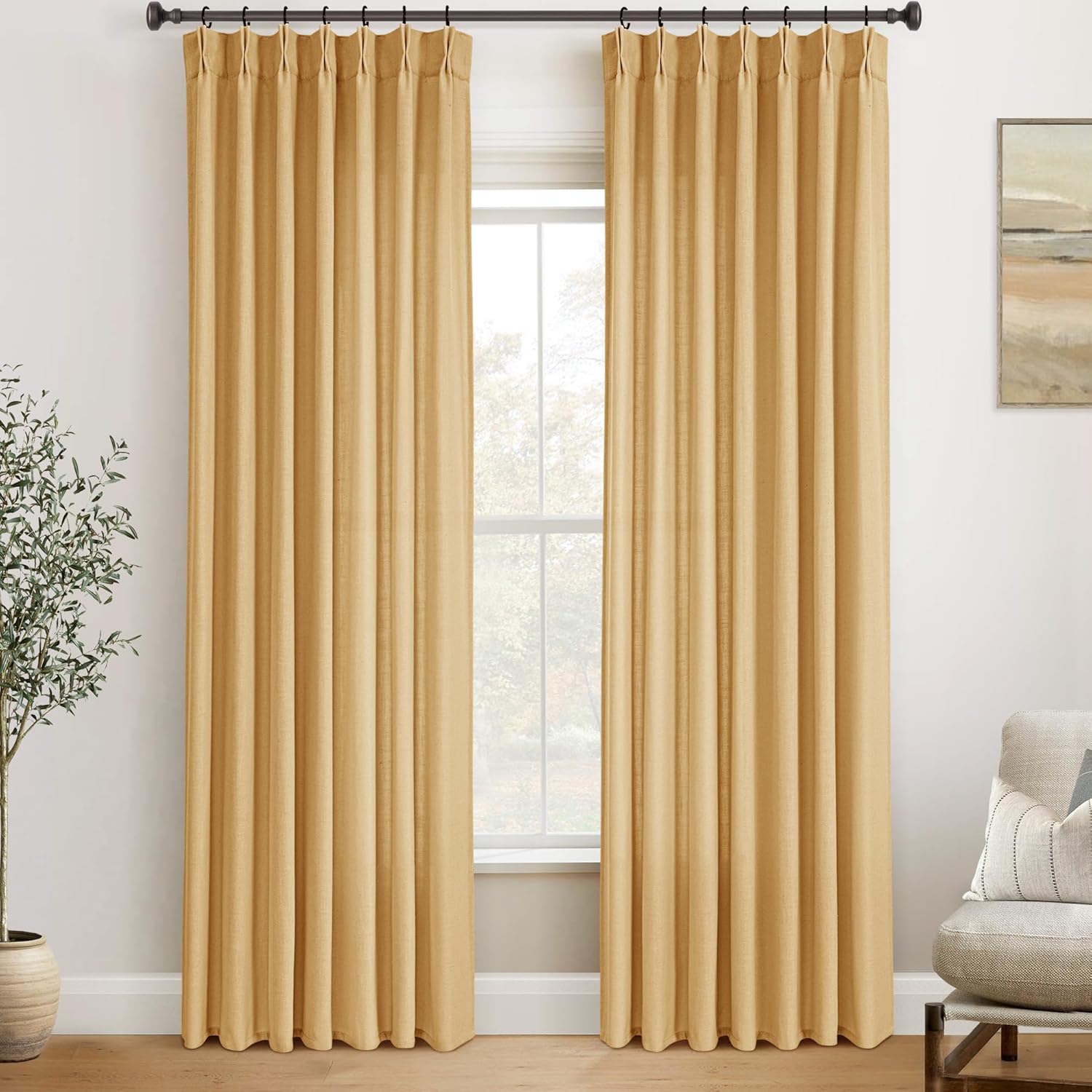 Pinch Pleated Mustard Yellow Linen Curtains for Living Room