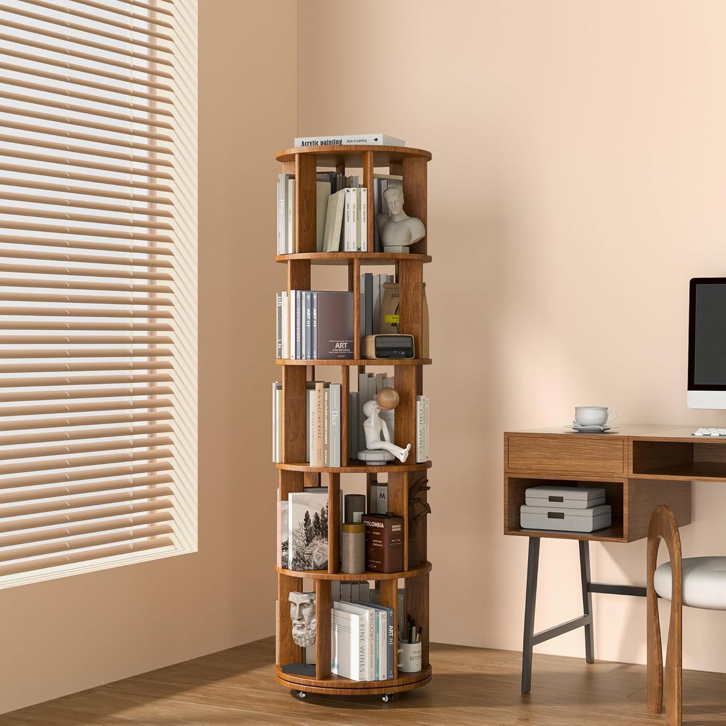 5 Tier Rotating Bookshelf Tower for Kids and Adults in Walnut