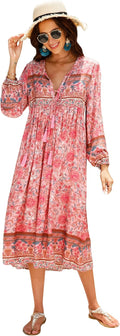 Womens Cotton Blend Long Sleeve Floral Midi Dress - Boho V-Neck