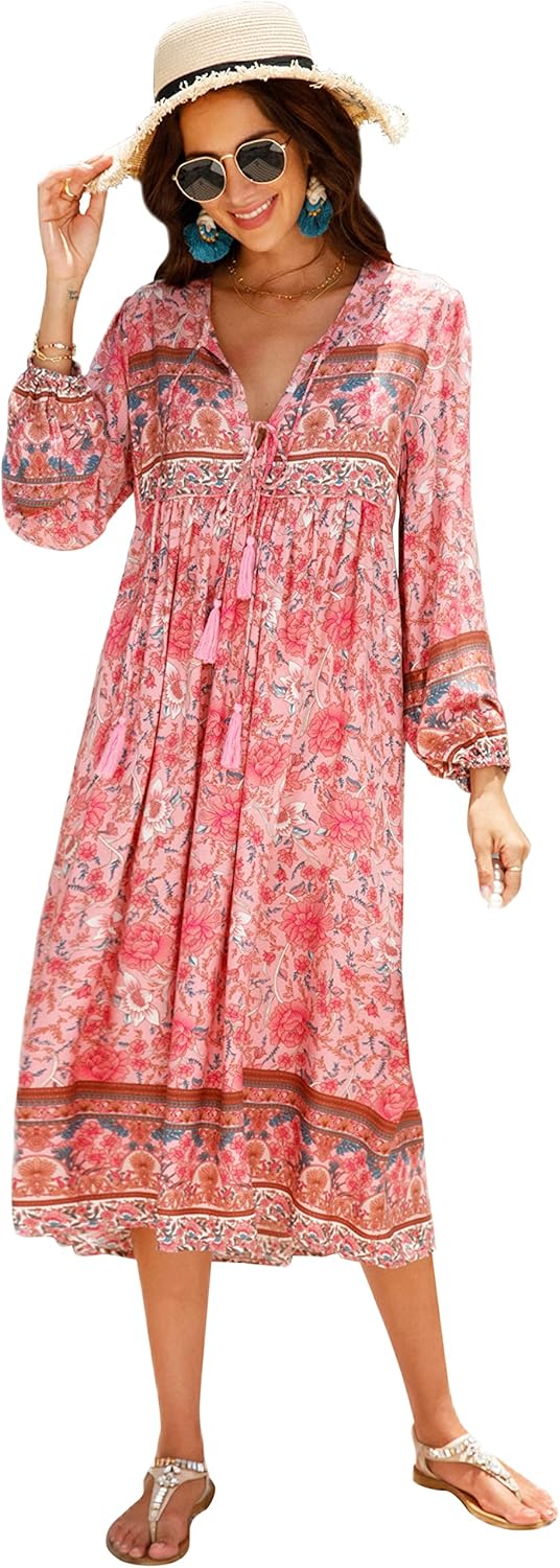 R.Vivimos Women's Long Sleeve Floral Print Bohemian Midi Dress