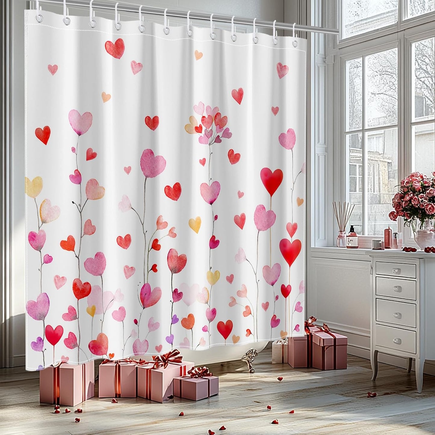 Valentine Watercolor Heart Shower Curtain Set