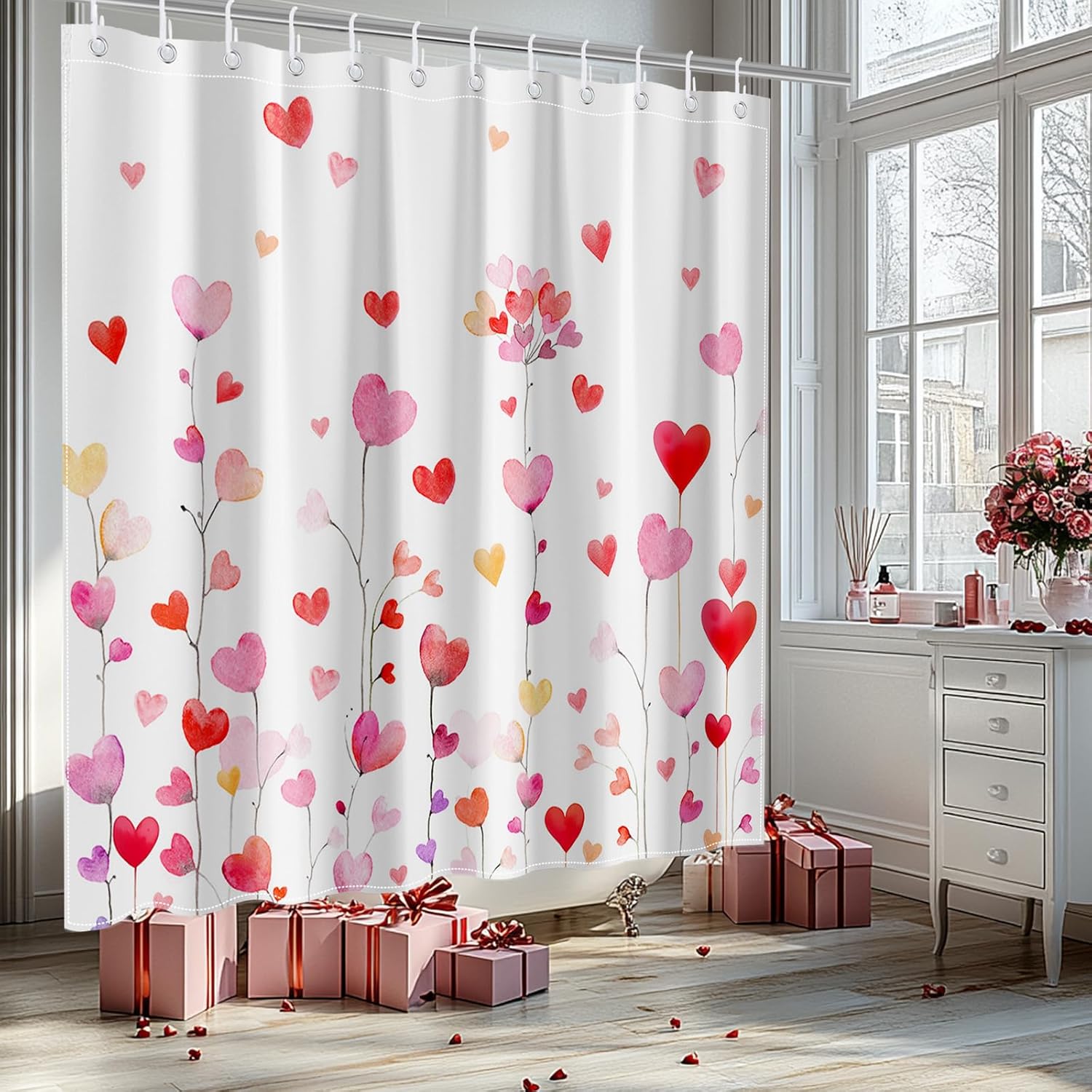 Valentine Watercolor Heart Shower Curtain Set