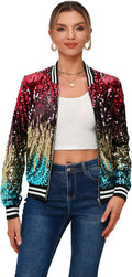 Women Sequin Zipper Bomber Jacket with Ribbed Cuffs - Eye-Catching