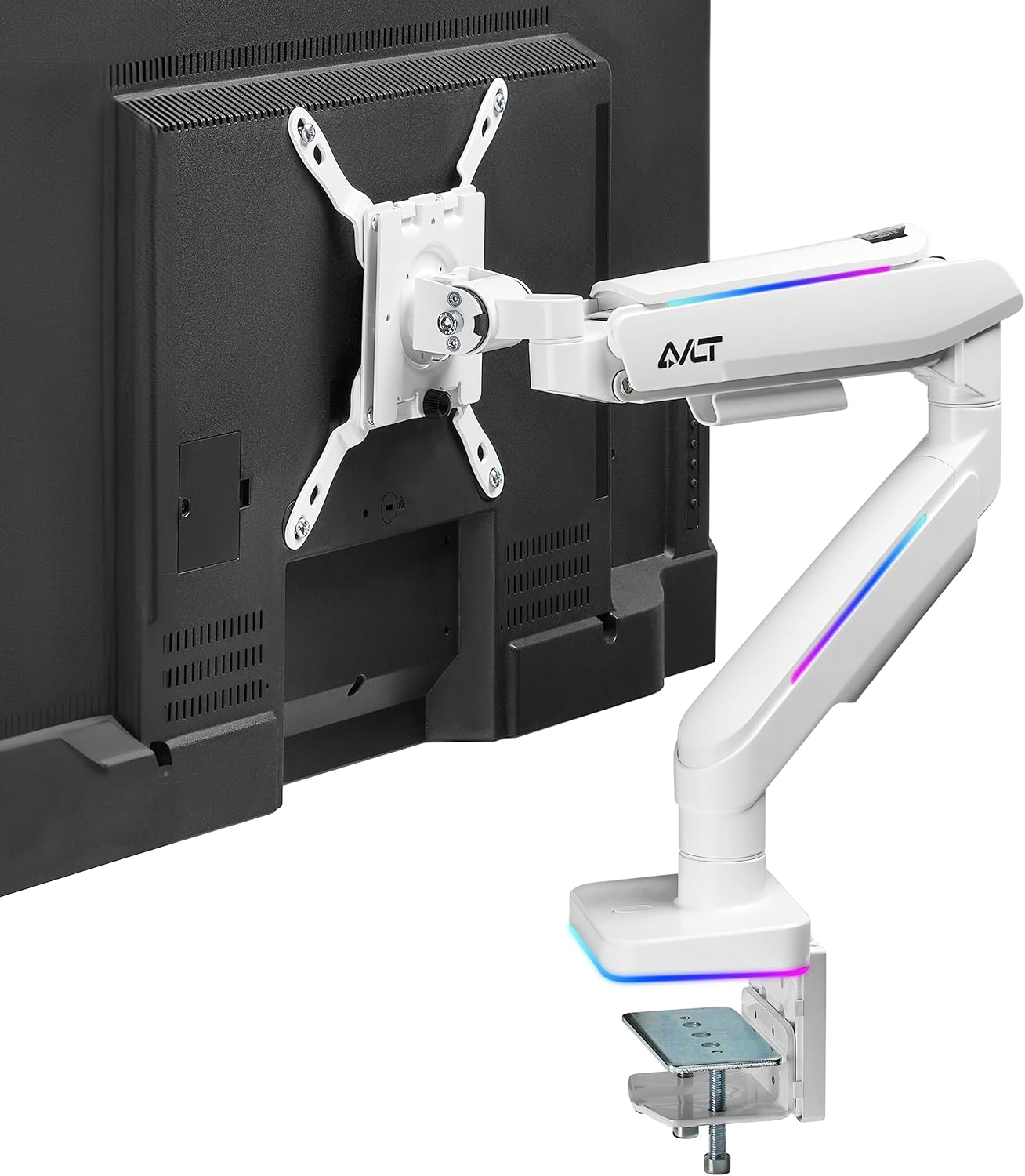 AVLT RGB Lights Single Monitor Arm - Ergonomic, Swivel & Tilt, White